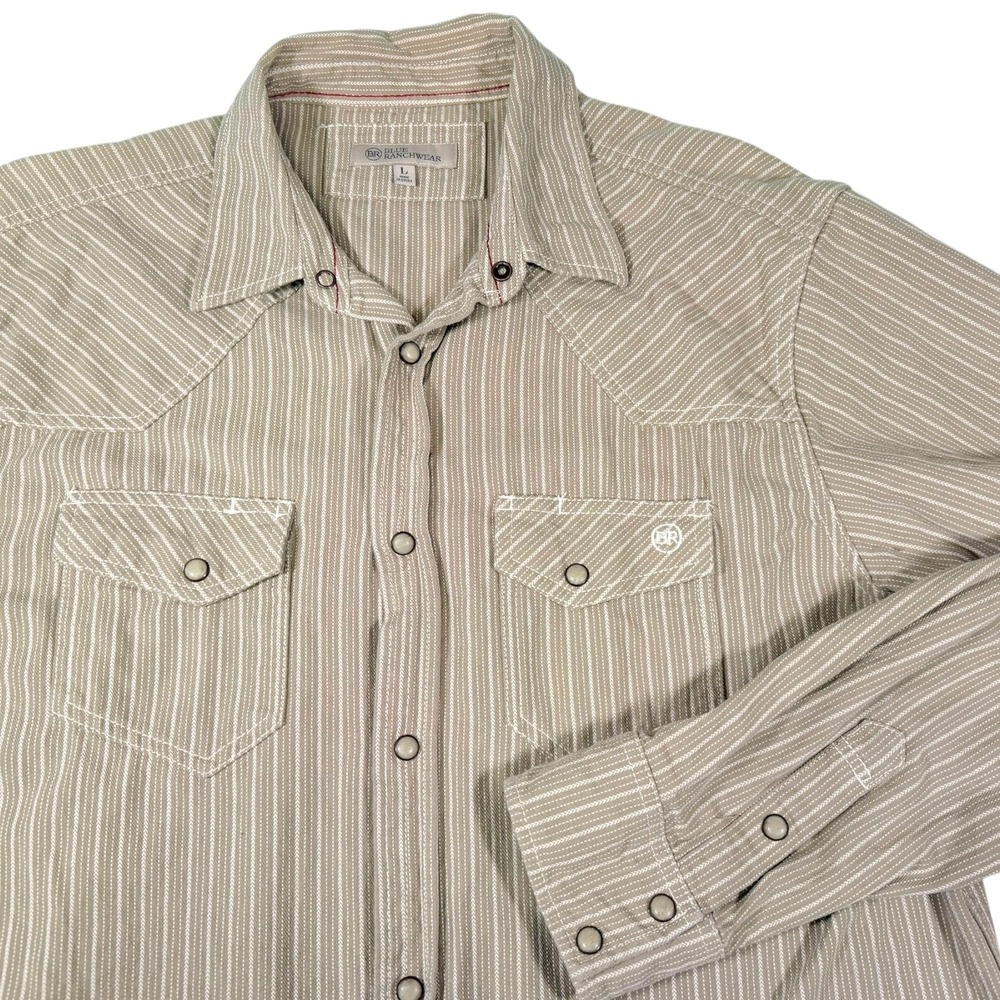 Blue Ranchwear L Tan Striped Western Pearl Snap Shirt Cowboy Americana Rustic